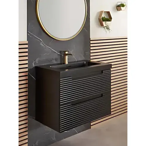 Kyoto 600mm Matt Black Wall Hung Fluted Vanity Unit | Includes Mid-Edge Ceramic  Basin