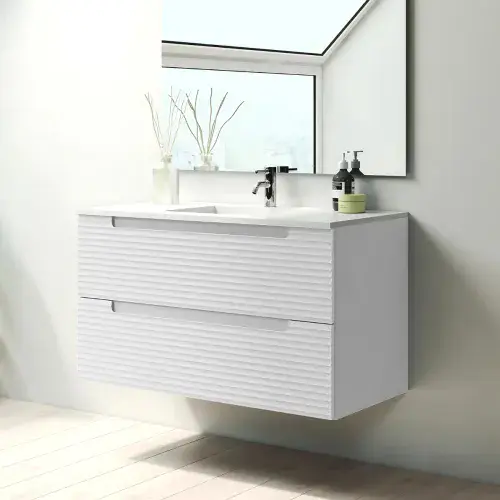 Kyoto 800mm Matt White Wall Hung Fluted Vanity Unit | Includes Mid-Edge Ceramic Basin