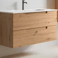 Kyoto 800mm Oak Wall Hung Fluted Drawer Unit inc Basin