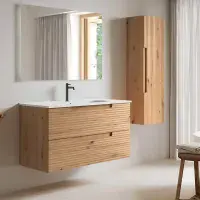 Kyoto 800mm Oak Wall Hung Fluted Drawer Unit inc Basin