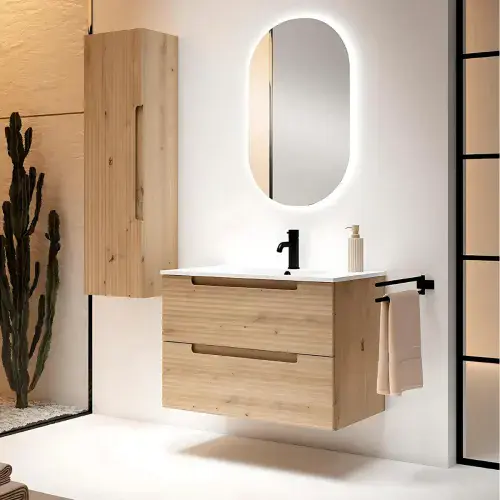 Kyoto 800mm Oak Wall Hung Fluted Drawer Unit inc Basin