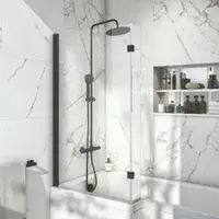 L Shape Shower Bath Pack, Serpens Toilet, White Floor Standing Vanity, Black Taps and Shower