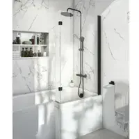 L Shape Shower Bath Pack, Serpens Toilet, White Floor Standing Vanity, Black Taps and Shower