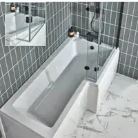 L Shape Shower Bath Pack, Serpens Toilet, White Floor Standing Vanity, Black Taps and Shower