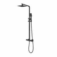 L Shape Shower Bath Pack, Serpens Toilet, White Floor Standing Vanity, Black Taps and Shower