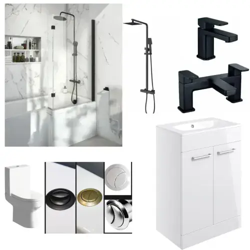 L Shape Shower Bath Pack, Serpens Toilet, White Floor Standing Vanity, Black Taps and Shower