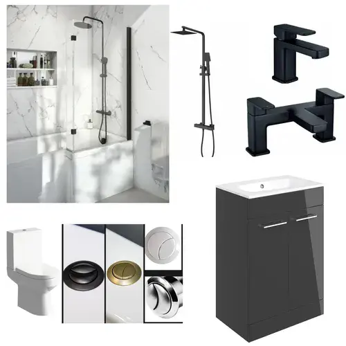 L Shape Shower Bath Pack with Toilet, 2 Door Basin Unit, Taps and Shower