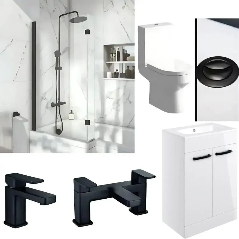 L Shaped Bath Vanity Pack with Black Taps Dual Head Shower & Accessories