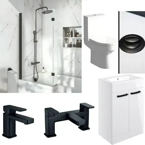L Shaped Bath Vanity Suite with Black Taps, Dual Head Shower & Accessories
