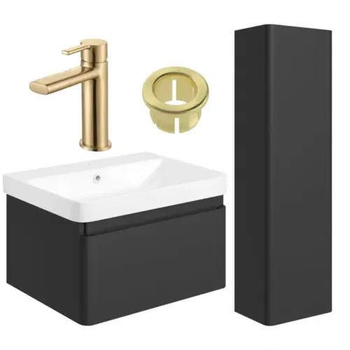 Leo 600mm Basin Unit & Tall Unit Pack with Tap - Brushed Brass