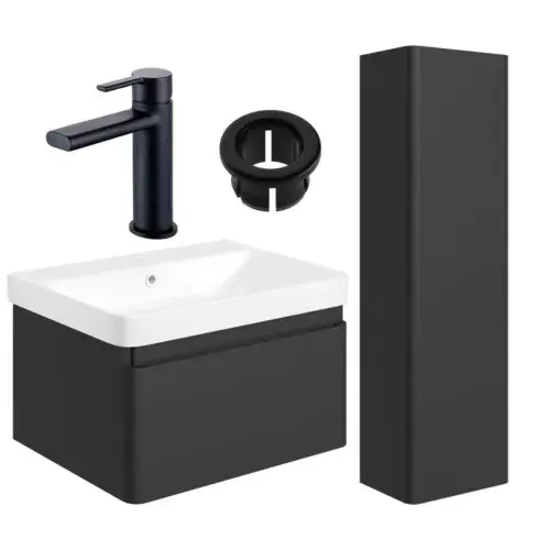 Leo 600mm Basin Unit & Tall Unit Pack with Tap - Matt Black