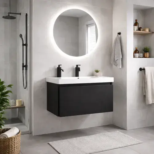 Leo 600mm Wall Hung 1 Drawer Basin Unit & Ceramic Basin - Matt Black