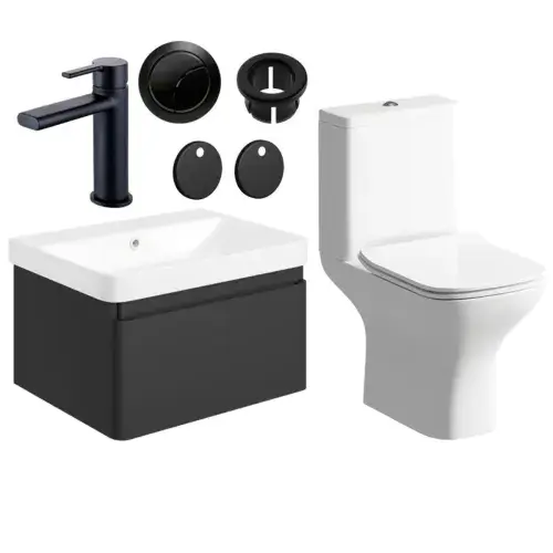 Leo 600mm Wall Hung Basin Unit & Cedare WC Pack with Evolve Matt Black Mixer Tap