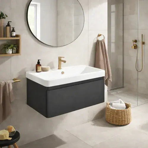 Leo 800mm Wall Hung 1 Drawer Basin Unit & Ceramic Basin - Matt Black