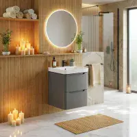 Libras 500mm 2 Drawer Wall Hung Cloakroom Basin Unit, Matt Grey, Includes Ceramic Basin