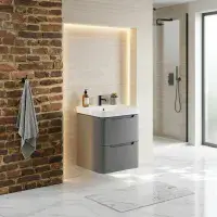 Libras 500mm 2 Drawer Wall Hung Cloakroom Basin Unit, Matt Grey, Includes Ceramic Basin