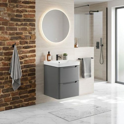 Libras 500mm 2 Drawer Wall Hung Cloakroom Basin Unit, Matt Grey, Includes Ceramic Basin