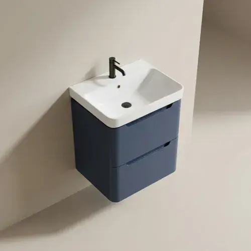 Libras 500mm 2 Drawer Wall Hung Cloakroom Basin Unit, Matt Indigo, Includes Ceramic Basin