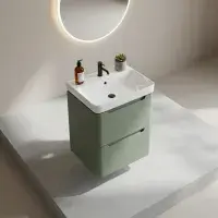 Libras 500mm 2 Drawer Wall Hung Cloakroom Basin Unit, Matt Sage Green, Includes Ceramic Basin