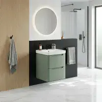 Libras 500mm 2 Drawer Wall Hung Cloakroom Basin Unit, Matt Sage Green, Includes Ceramic Basin
