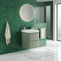 Libras 500mm 2 Drawer Wall Hung Cloakroom Basin Unit, Matt Sage Green, Includes Ceramic Basin