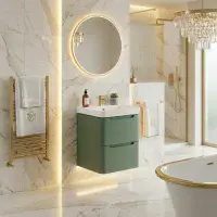 Libras 500mm 2 Drawer Wall Hung Cloakroom Basin Unit, Matt Sage Green, Includes Ceramic Basin