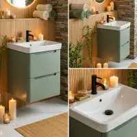 Libras 500mm 2 Drawer Wall Hung Cloakroom Basin Unit, Matt Sage Green, Includes Ceramic Basin