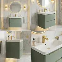 Libras 500mm 2 Drawer Wall Hung Cloakroom Basin Unit, Matt Sage Green, Includes Ceramic Basin