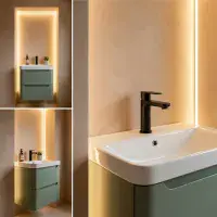 Libras 500mm 2 Drawer Wall Hung Cloakroom Basin Unit, Matt Sage Green, Includes Ceramic Basin