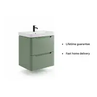 Libras 500mm 2 Drawer Wall Hung Cloakroom Basin Unit, Matt Sage Green, Includes Ceramic Basin