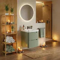 Libras 500mm 2 Drawer Wall Hung Cloakroom Basin Unit, Matt Sage Green, Includes Ceramic Basin