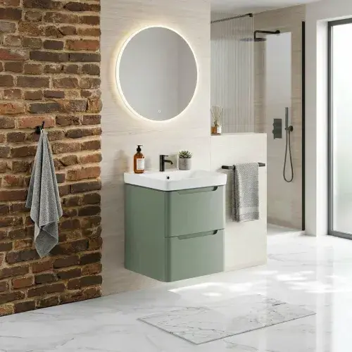 Libras 500mm 2 Drawer Wall Hung Cloakroom Basin Unit, Matt Sage Green, Includes Ceramic Basin