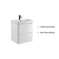Libras 500mm 2 Drawer Wall Hung Cloakroom Basin Unit, White Gloss, Includes Ceramic Basin