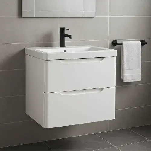 Libras 500mm 2 Drawer Wall Hung Cloakroom Basin Unit, White Gloss, Includes Ceramic Basin