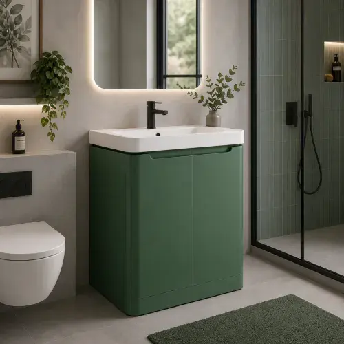 Libras 600mm 2 Door Floor Standing Basin Unit, Matt Sage Green, Includes Ceramic Basin