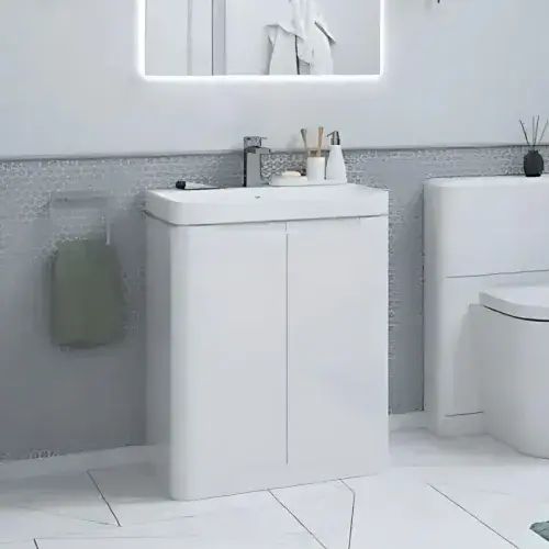Libras 600mm 2 Door Floor Standing Basin Unit, White Gloss, Includes Ceramic Basin