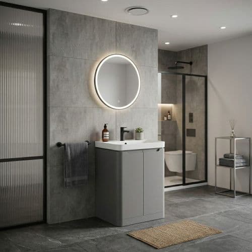 Libras 600mm 2 Door Floor Standing Cloakroom Basin Unit, Matt Grey, Includes Ceramic Basin