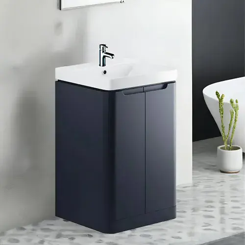 Libras 600mm 2 Door Floor Standing Cloakroom Basin Unit, Matt Indigo, Includes Ceramic Basin