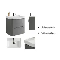 Libras 600mm 2 Drawer Wall Hung  Basin Unit, Matt Grey, Includes Ceramic Basin