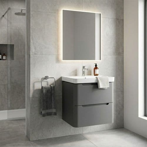 Libras 600mm 2 Drawer Wall Hung  Basin Unit, Matt Grey, Includes Ceramic Basin