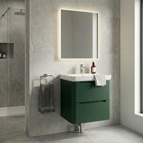 Libras 600mm 2 Drawer Wall Hung Basin Unit, Matt Sage Green, Includes Ceramic Basin
