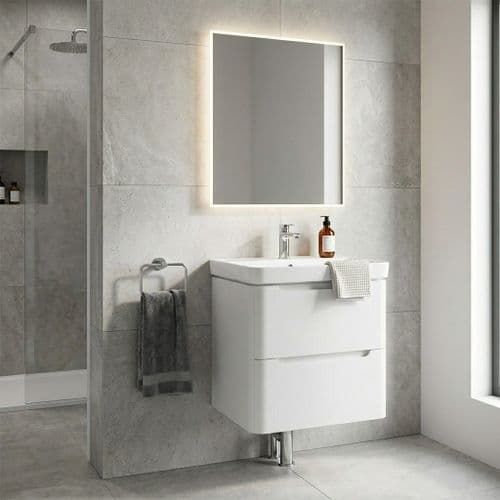 Libras 600mm 2 Drawer Wall Hung Basin Unit, White Gloss, Includes Ceramic Basin