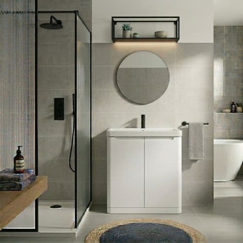 Libras 800mm 2 Door Floor Standing Basin Unit, White Gloss, Includes Ceramic Basin