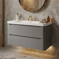 Libras 800mm 2 Drawer Wall Hung Basin Unit, Matt Grey, Includes Ceramic Basin