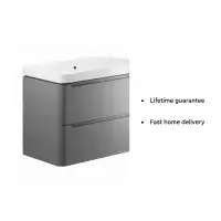 Libras 800mm 2 Drawer Wall Hung Basin Unit, Matt Grey, Includes Ceramic Basin