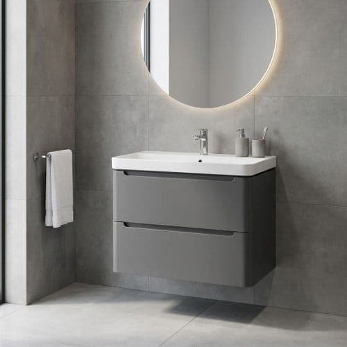 Libras 800mm 2 Drawer Wall Hung Basin Unit, Matt Grey, Includes Ceramic Basin