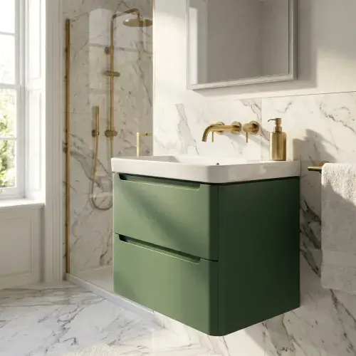 Libras 800mm 2 Drawer Wall Hung Basin Unit,  Matt Sage Green, Includes Ceramic Basin
