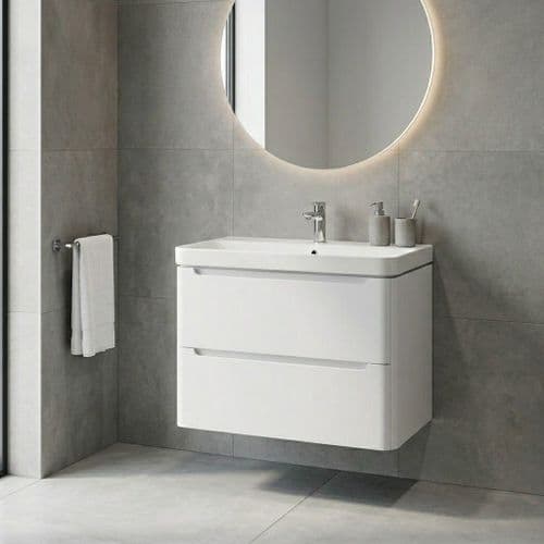 Libras 800mm 2 Drawer Wall Hung Basin Unit, White Gloss, Includes Ceramic Basin