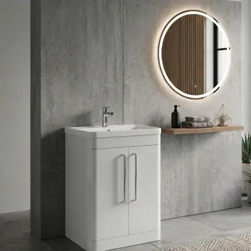 Linear 600mm Floorstanding Door Vanity Unit & Polymarble Basin - Gloss White (2-Door Storage)