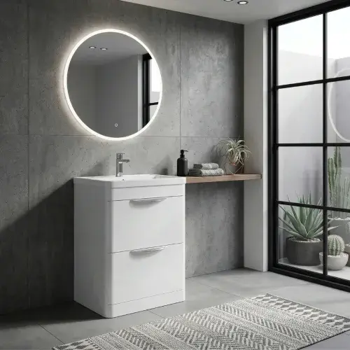 Linear 600mm Floorstanding Vanity Unit & Polymarble Basin - Gloss White (2 Soft-Close Drawers)